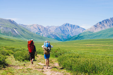 travelers with large backpacks go on footpath in green valley to wonderful giant mountains with snow