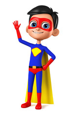 Wall Mural - Cartoon character for advertising. Boy in blue superhero costume with raised hand up on white background. 3d render illustration.