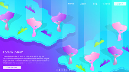 Isometric trees. Web design. Semi flat background. Plant. Nature. Ecology. Simple isometry. Minimal. Webpage template. Modern backdrop. Trendy colors. Futuristic illustration.