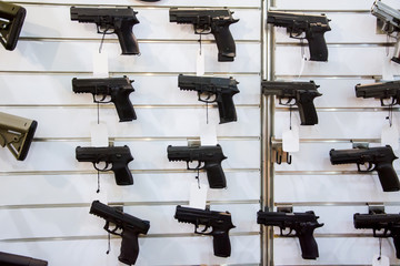 Gun wall rack with pistol.