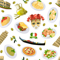 Poster - Vector cartoon italian cuisine elements pattern or background illustration. Italian cuisine and architecture pisa, tower