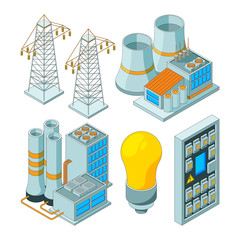 Wall Mural - Energy electric system. Power lighting generators saving electrical light tools vector isometric illustrations. Energy power plant, station isometric