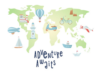  Set of cartoon elements on the world map. Time of adventure. Holiday card design.