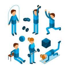 Wall Mural - Gym people isometric. Fitness sport characters workout exercises body pump and strength vector 3d low poly models. Illustration of workout 3d exercise, sport gym and fitness people