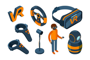 Canvas Print - virtual reality 3d. vr game futuristic helmet and digital glasses augmentation headset vector isomet