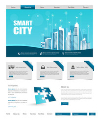 Wall Mural - one page website template with flat illustration of smart city header design