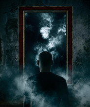 Mirror. Terrible Ghost On Dark Smoke