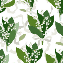 Convallaria Majalis - Lilly Of The Valley - Seamless Pattern.
Hand Drawn Vector Illustration Of White Spring Flowers Tied With A Ribbon On White Background.
