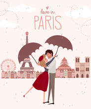 Love Story In Paris With A Lover Couple. Romantic Poster, Love You Card Or Wedding Invitation. Editable Vector Illustration