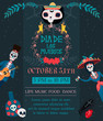 © miobuono - Day of the dead festival invitation poster with skeleton, Mexican traditional holiday. Mexican wording translation: 'Day of the dead'. Editable vector illustration