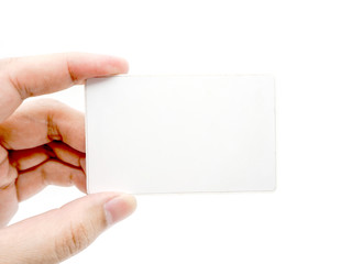 Hand holding an empty white card isolated on white background.