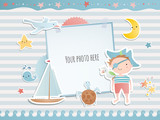 Holiday card design with  pirate, ship and stars.  Baby shower. Paper, scrapbook.