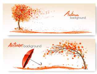 Poster - Two Autumn Banners With Trees and Umbrella. Vector.