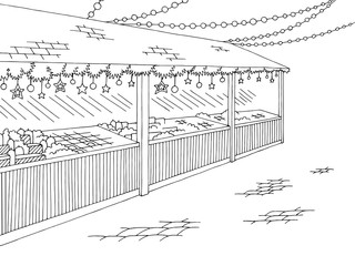 Christmas Fair street graphic black white landscape sketch illustration vector