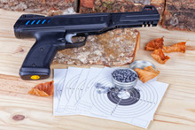 A airgun with its pellets and targets to practice the shot