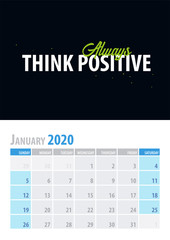 January. Calendar Planner 2020 with motivational quote on black background. Vector illustration.