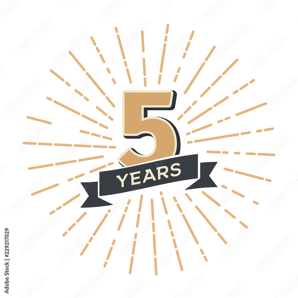 Five years anniversary retro vector emblem isolated template. Vintage ...