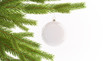 © Alexandr Bognat - Blank white christmas ball hanging on pine tree mockup, isolated, 3d rendering. Empty decorated branch mock up. Clear toy on new year tre. Christmas with suspension baublle template.