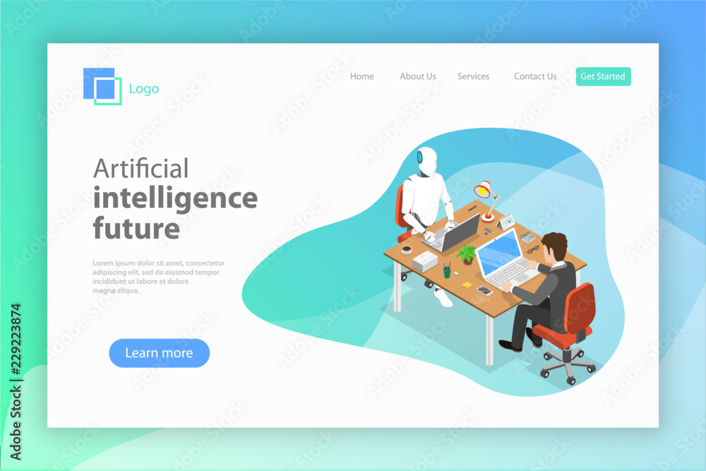 Flat isometric vector landing page for AI future, robot and human ...