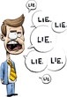 A lying cartoon businessman or politician in a suit with speech bubbles filled with lies.