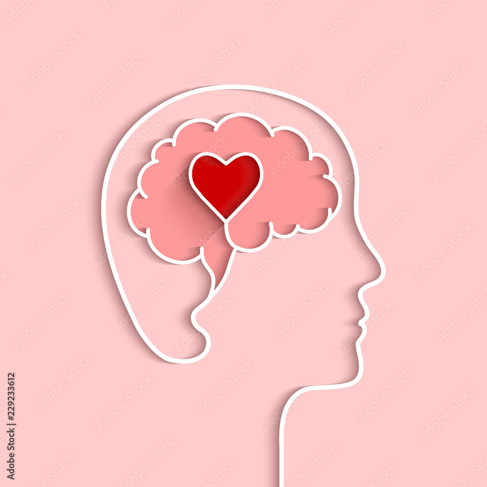 Head and brain outline with heart concept. Vector illustration in flat ...