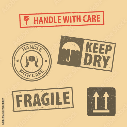 Set Of Fragile Sticker Handle With Care And Case Icon Packaging Symbols Sign Keep Dry Do