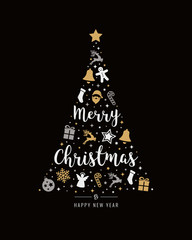 Wall Mural - christmas tree gold icon elements lettering black background