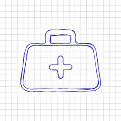 Wall Mural - first-aid kit, outline symbol. Hand drawn picture on paper sheet. Blue ink, outline sketch style. Doodle on checkered background