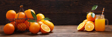 Glass Jar Of Fresh Orange Juice With Fresh Fruits