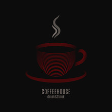 Coffee Cup Logo. Coffeehouse Label With Red Mug Of Coffee On Black Background