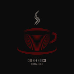 Sticker - Coffee cup logo. Coffeehouse label with red mug of coffee on black background