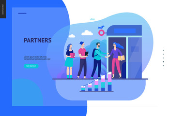 Business series, color 2 - partners -modern flat vector illustration concept of people shaking their hands in the office entrance. Business workflow management. Creative landing page design template