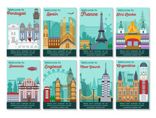 Set Of Different Cities For Travel. Landscape Template Flyer. Landmarks Banner In Vector. Travel Destinations Cards. Portugal, Spain, France, Slovenia, England, New York, Shri Lanka, Argentina