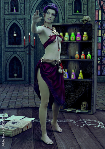A sorceress standing in a temple making a gesture. Poster Mural XXL