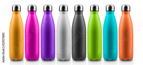 Fotografía Colorful thermo bottles for water, isolated on white background.