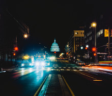 View Of The US Capitol Building Along North Capitol Street In Downtown Washington D.C. At Night