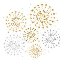 Gold And Bright Firework On White Background, Can Be Use For Celebration, Party, And New Year Event. Vector Illustration