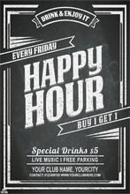 Vintage Chalk Drawing For A Happy Hour At The Bar. Lettering With Banner On The Grunge Background. Black And White Pattern EPS 10