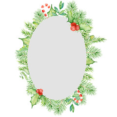 Wall Mural - Merry Christmas watercolor frame with floral winter elements. Happy New Year card, posters. 