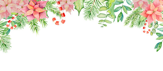 Wall Mural - Merry Christmas watercolor frame with floral winter elements. Happy New Year card, posters. 