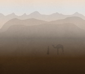 Wall Mural - A Merchant And A Camel Walking Through The Desert In The Sand Storm, The Silk Road