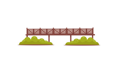 Wall Mural - Long wooden pedestrian bridge with railings and green bushes. Flat vector element for map of city park