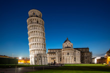 Night View Of Pisa Cathedral With Leaning Tower Of Pisa On Piazza Dei Miracoli In Pisa, Tuscany, Italy.