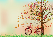 Paper Art Of Illustration Autumn With Red Bicycle Under Maple Tree And Floating Maple Leaves