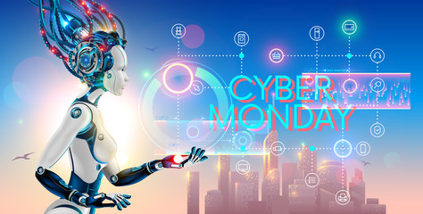 Leinwandbilder - Cyborg woman show hologram with text cyber monday and icons online internet store. Robot advertising event sale promotion banner of e-commerce.