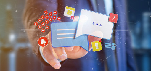 Wall Mural - businessman holding message and notifications of social media 3d rendering