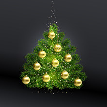 Christmas Shining Green Tree With Gold Toys. Realistic Illustration On Black Background. Falls Golden Glowing Dust. Shining Spark And Create The Impression Of Magic. EPS10