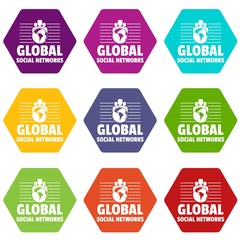 Wall Mural - Global social networks icons 9 set coloful isolated on white for web