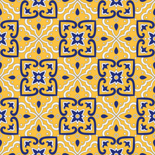 Italian Tile Pattern Vector Seamless With Yellow Floral Ornaments. Portuguese Azulejo, Mexican Talavera, Sicily Majolica Motif. Tiled Background For Kitchen Mosaic Wall Or Bathroom Ceramic Floor.