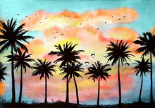Watercolor Tropical Landscape With Palms, Ocean, Orange Clouds At The Sunset